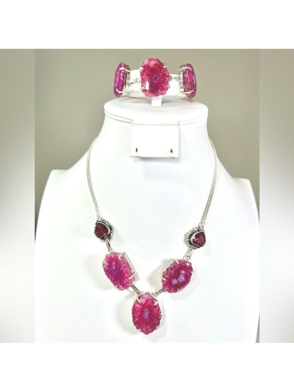 Pink Solar Druzy 925 Necklace & Bracelet set